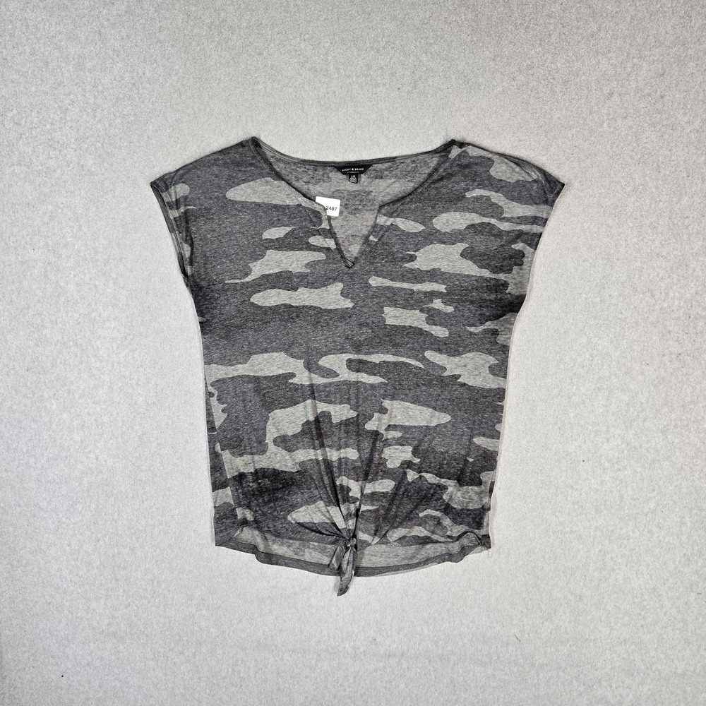 Lucky Brand Women Shirt L Gray Camouflage Burnout Tie Front Short Sleeve V-Neck